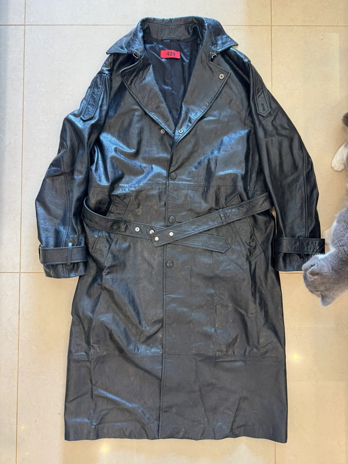 424 Men's Autumn and Winter Leather Belted Single Breasted Pants Long Sleeve Coat Jacket #99317