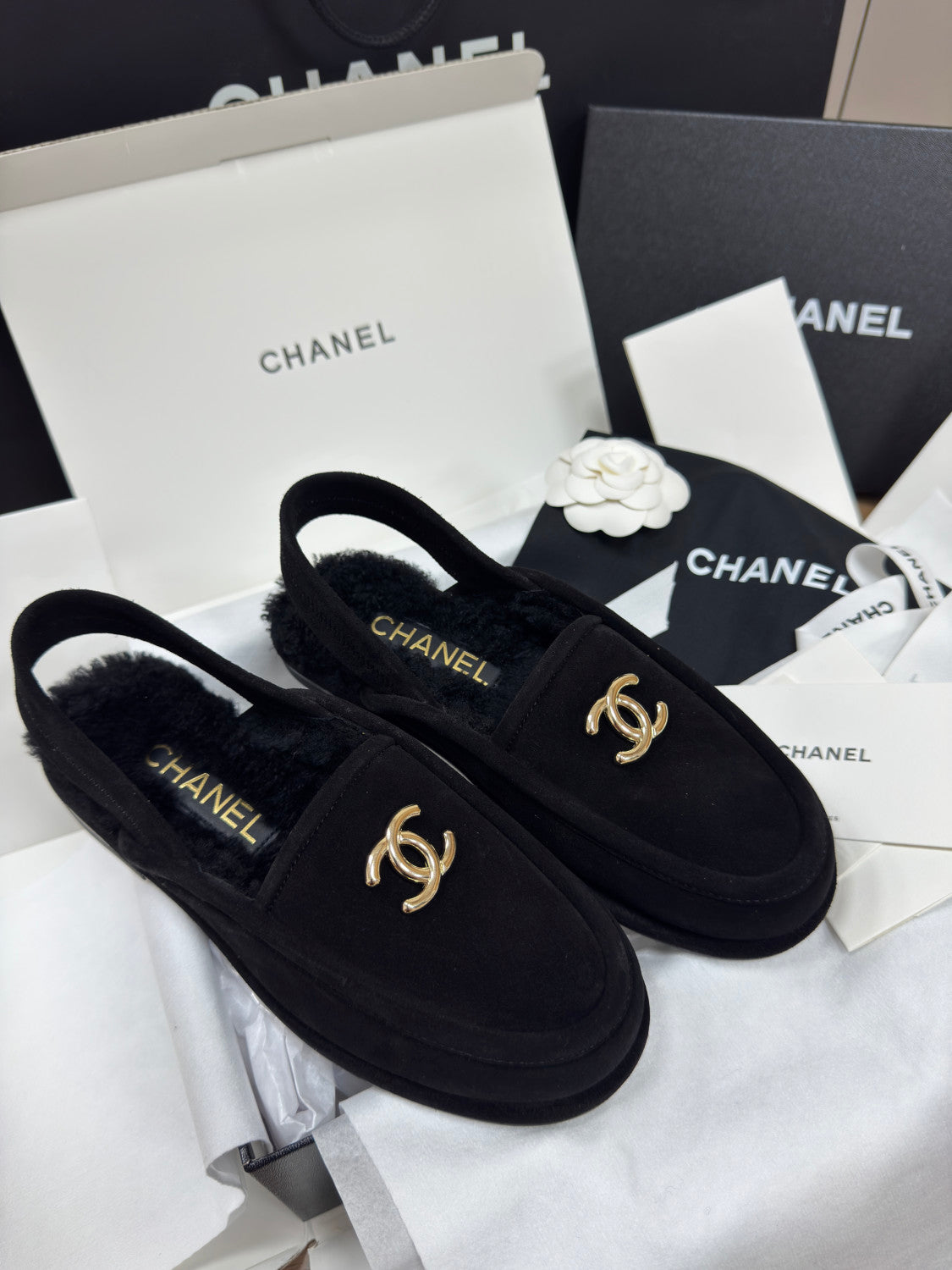 Chanel Women's Fall/Winter Casual Round Toe Slip On Teddy Fur Logo Flat Mules Shoes #79254