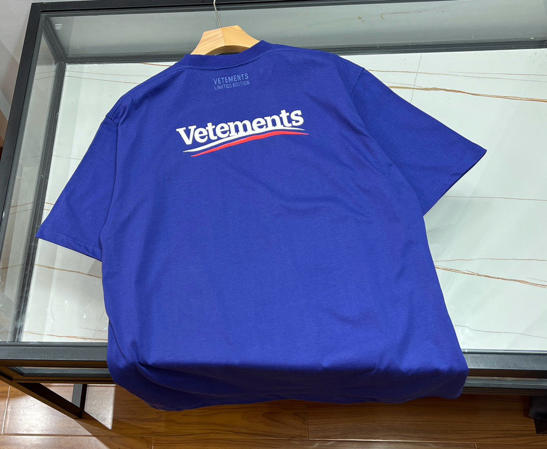 Vetements Men's and Women's Summer Letter Logo Printed Solid Colour Drop Shoulder Short Sleeve T-Shirt #99271