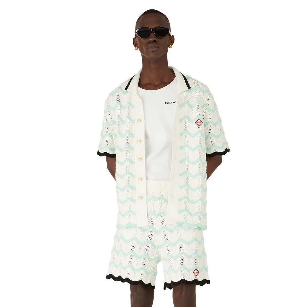 Casablanca Men's Summer Fashion Casual Knit Arch Wave Pattern Woven Pure Cotton Single Breasted Collar Shirt Waist Elastic Short Pants Suit Set #78349