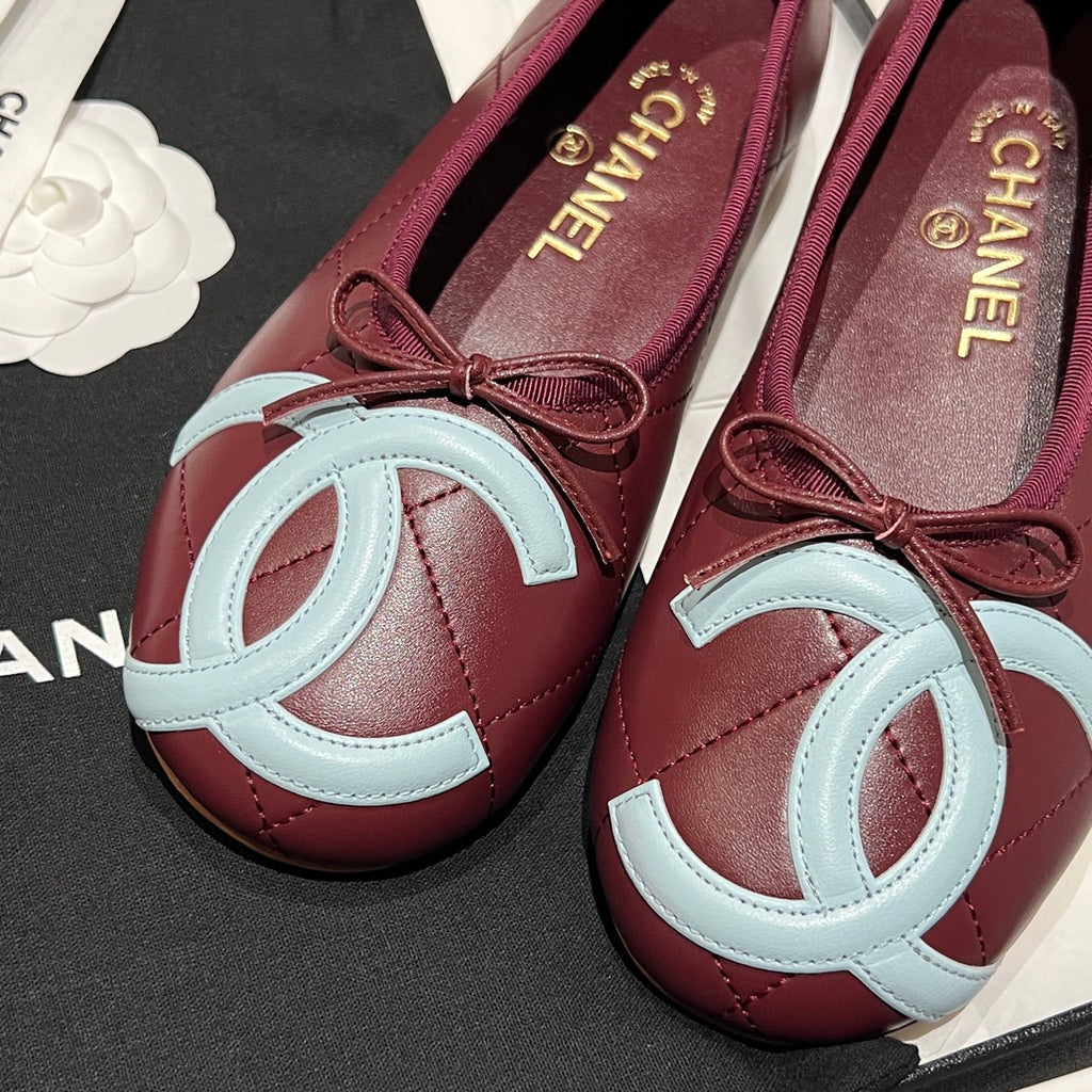 CHANEL Ballet Flats Lambskin Burgundy Light Blue #386254