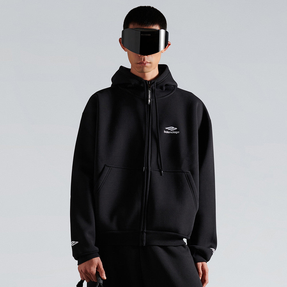 Balenciaga 3b Sports Icon Zip-up Hoodie in Washed Black White #375599