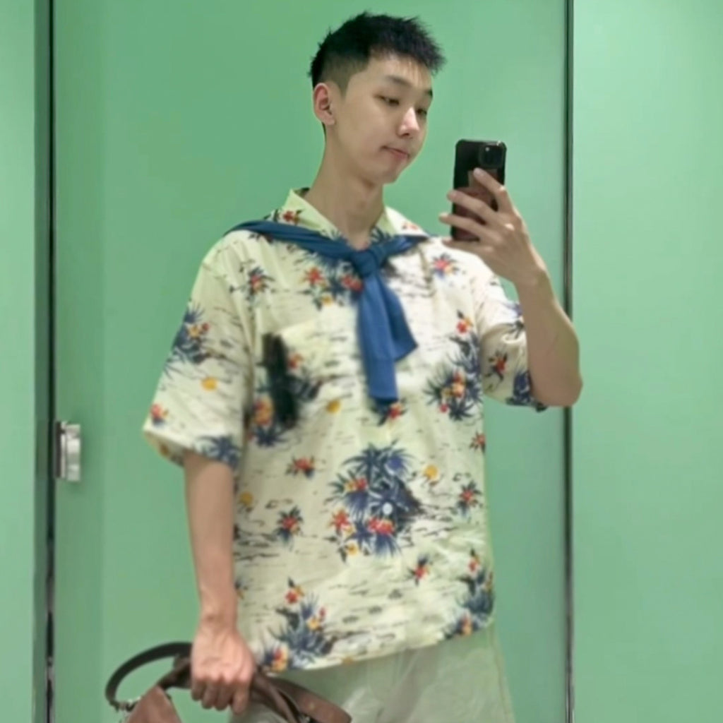 Prada Men's Women's Summer Floral Print Cotton Bowling Shirt Hawaiian Beach Style Short Sleeve Shirt T-shirt Ngvp #1495