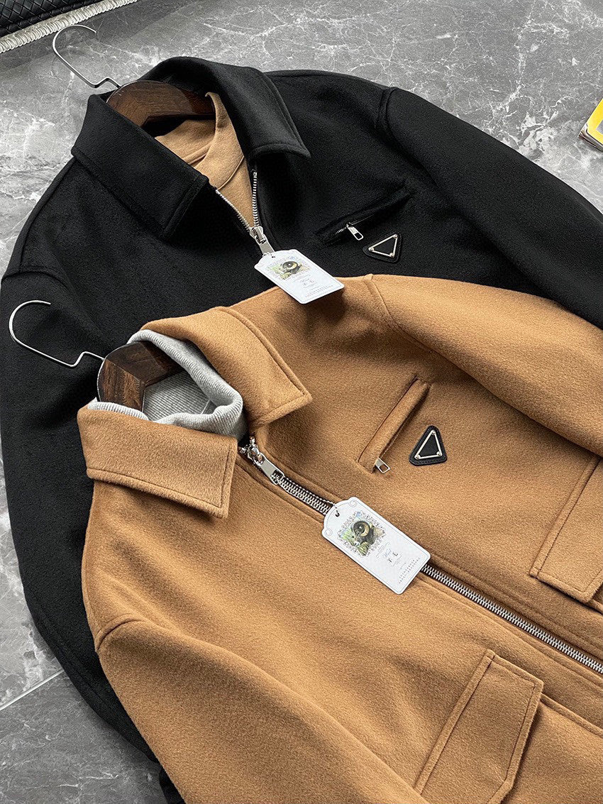 Prada Men's Autumn/Winter Inverted Triangle Logo Sheep Wool Lapel Zip Up Long Sleeve Jacket #97881