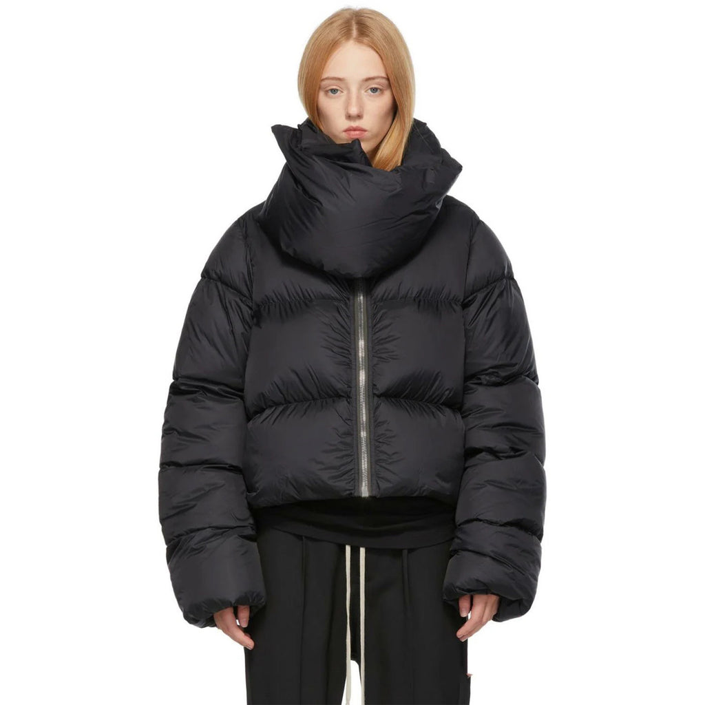 Rick Owens Men's Women's Fall And Winter Dark Windproof Scarf Down Jacket Thickened Warm Short Ultra-long-sleeved Zipper Down Jacket Ngvp #2494