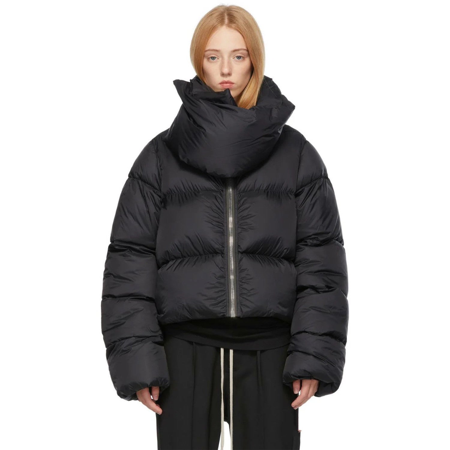 Rick Owens Men's Women's Fall And Winter Dark Windproof Scarf Down Jacket Thickened Warm Short Ultra-long-sleeved Zipper Down Jacket Ngvp #2494