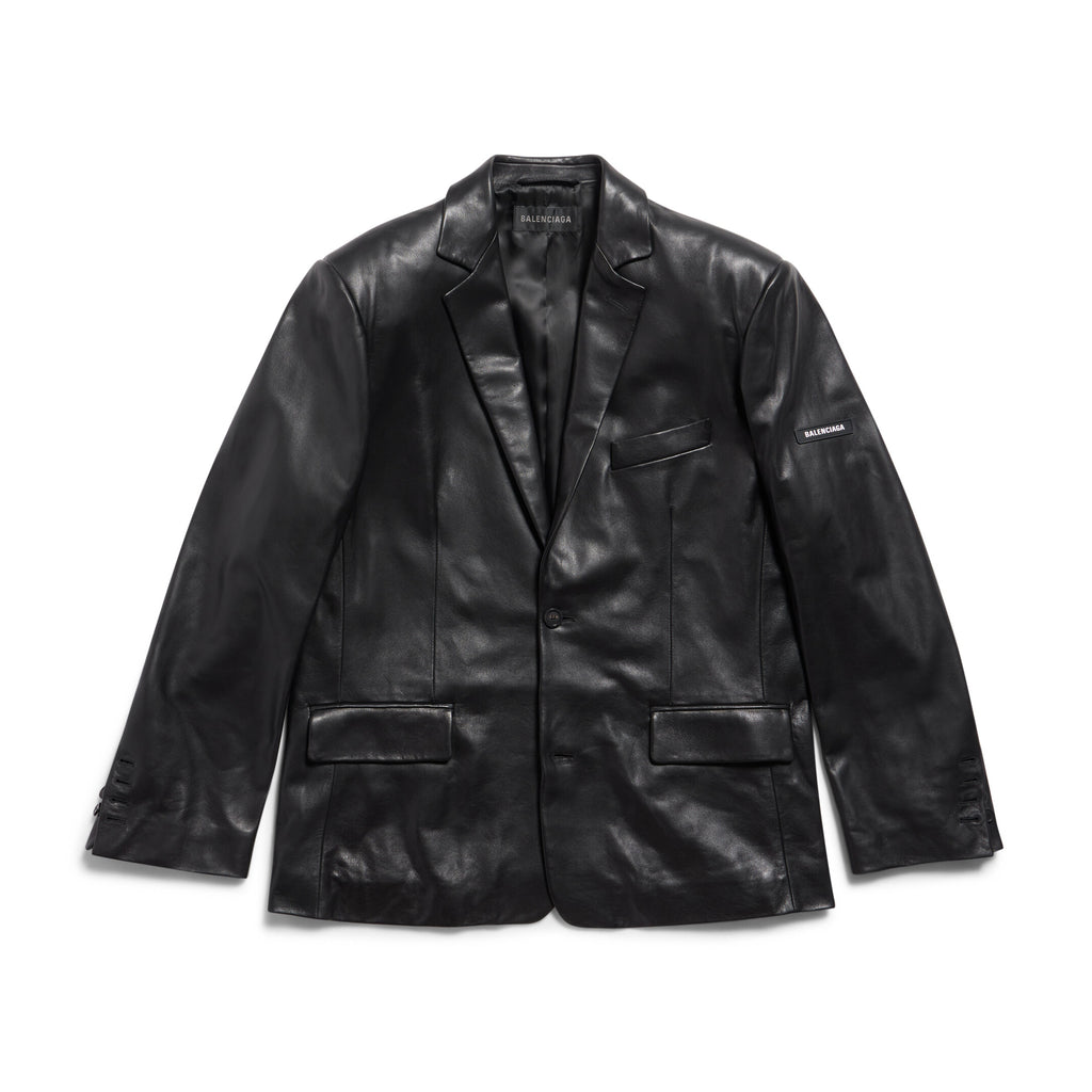 Balenciaga Men's Fall/Winter Black Logo Labeled Single Breasted Regular Fit Long Sleeve Leather Jacket #98955