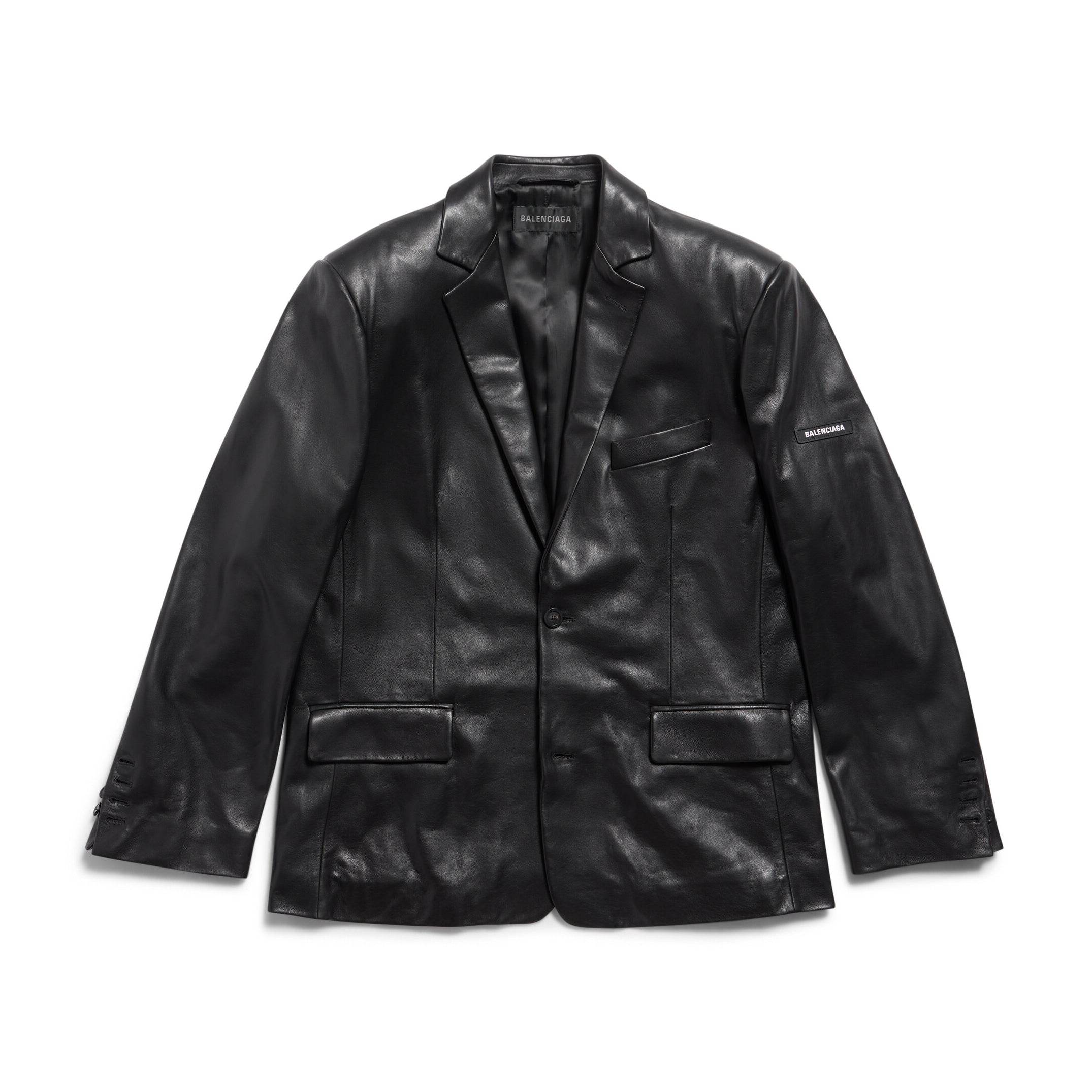 Balenciaga Men's Fall/Winter Black Logo Labeled Single Breasted Regular Fit Long Sleeve Leather Jacket #98955