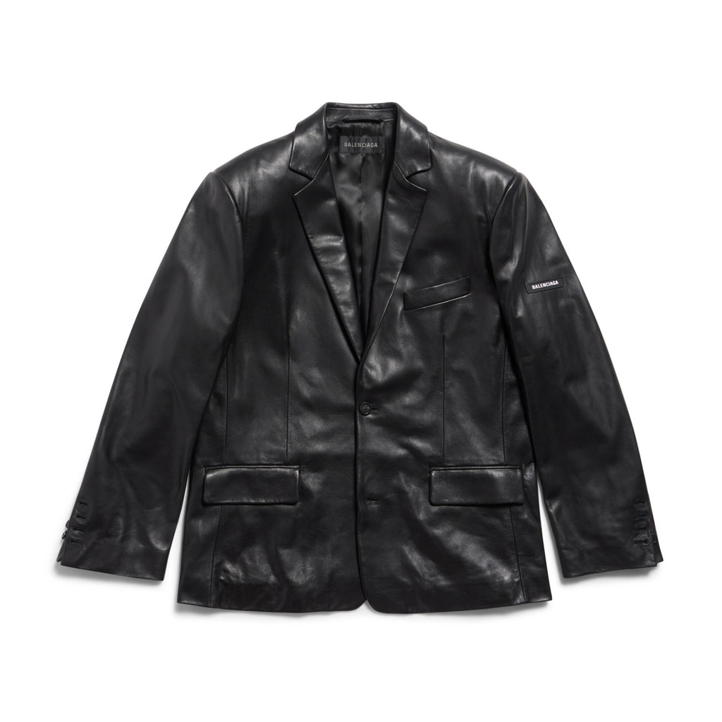 Balenciaga Men's Fall/Winter Black Logo Labeled Single Breasted Regular Fit Long Sleeve Leather Jacket #98955