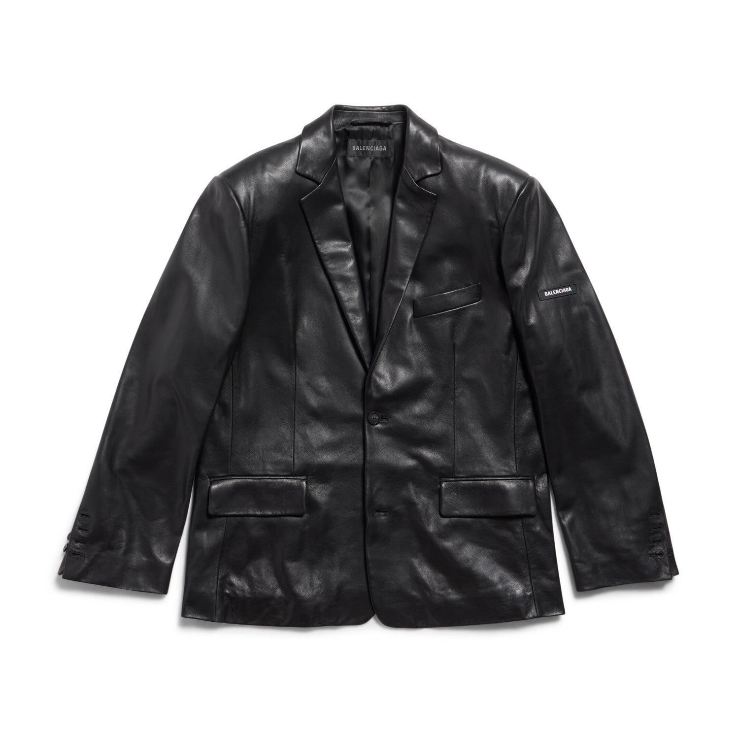 Balenciaga Men's Fall/Winter Black Logo Labeled Single Breasted Regular Fit Long Sleeve Leather Jacket #98955