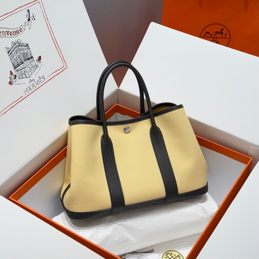 Hermes Garden Party 30 Women's Silver Buckle Colour Blocking Canvas and Calfskin Tote Bag Bags #76891