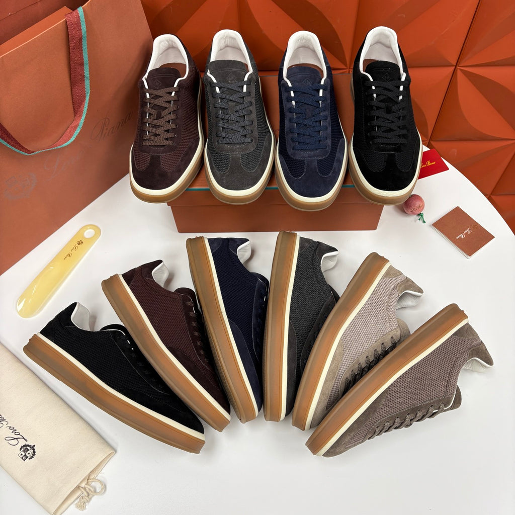 Loro Piana Men's Spring/Fall Fashion Casual Round Toe Lace Up Low Top Leather Patch Sneakers Breathable Mesh Patch Fabric Casual Shoes #79242