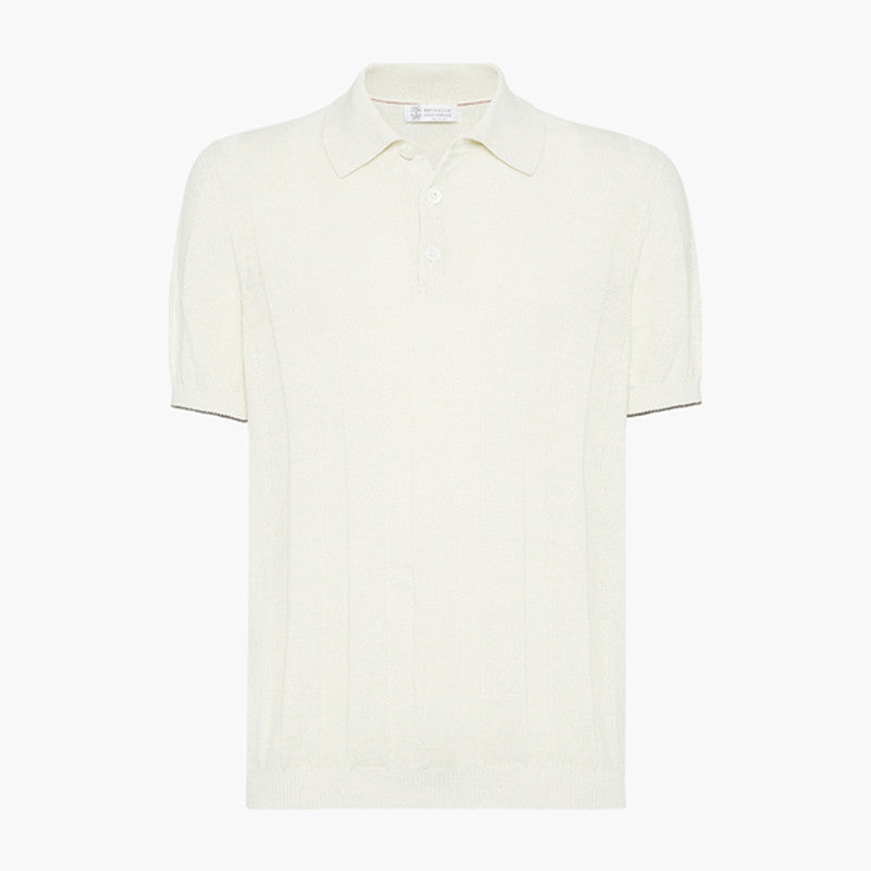 Brunello Cucinelli Men's Summer Solid Color Fitted Short Sleeve Linen And Cotton Wide Rib Knit Polo Shirt Ngvp #1559