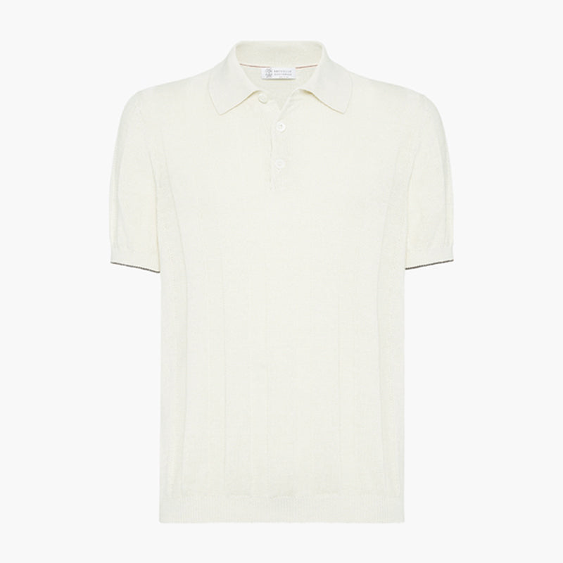 Brunello Cucinelli Men's Summer Solid Color Fitted Short Sleeve Linen And Cotton Wide Rib Knit Polo Shirt Ngvp #1559
