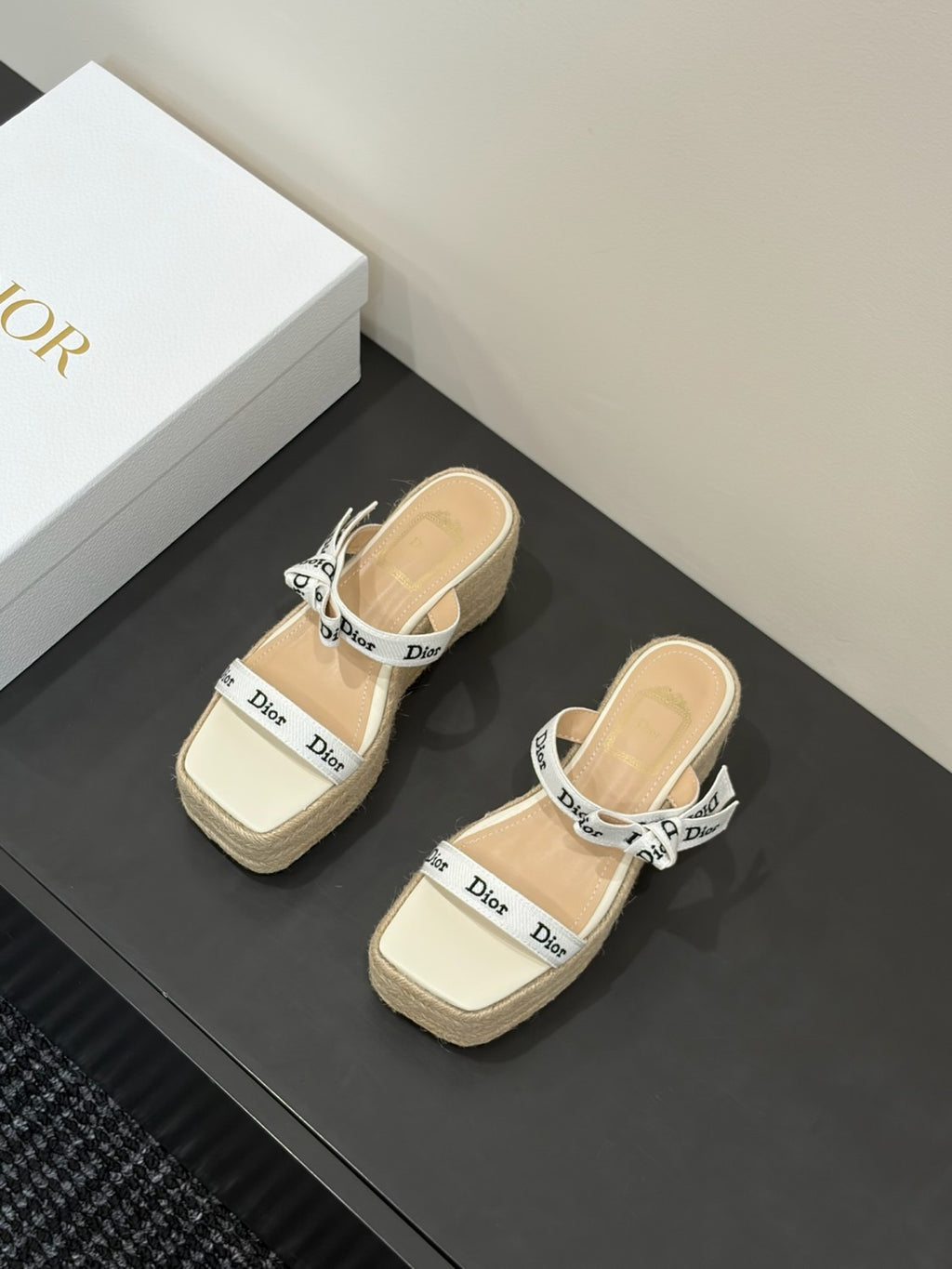 DIOR J Adior Wedge Slide with Straps White Embroidered Cotton and Natural Raffia #386876