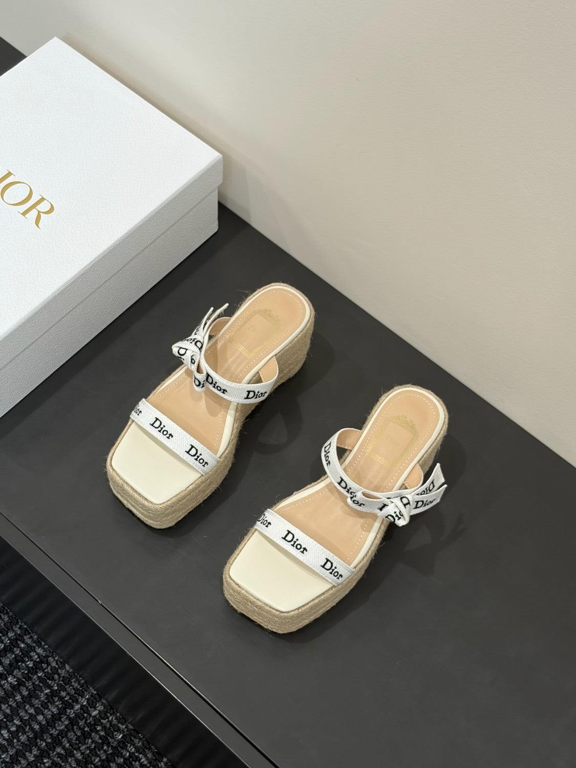 DIOR J Adior Wedge Slide with Straps White Embroidered Cotton and Natural Raffia #386876