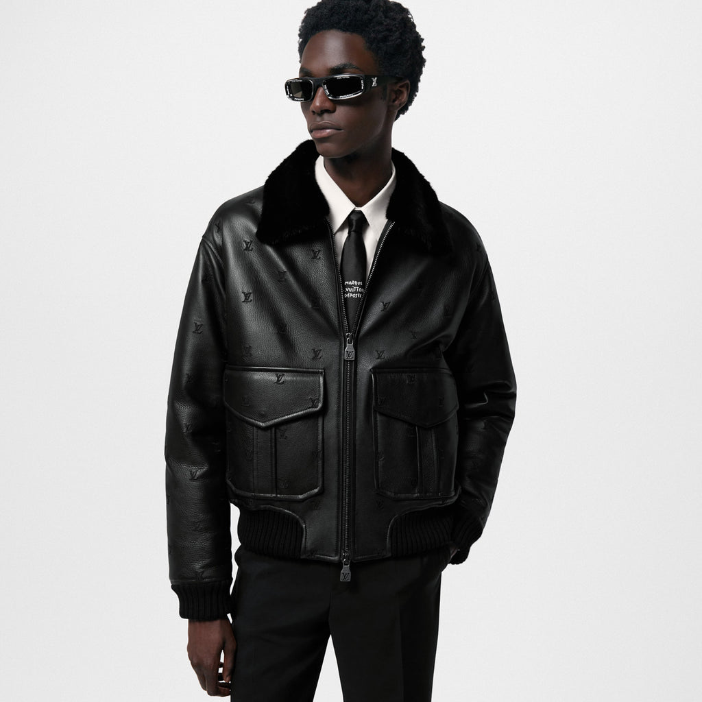 Louis Vuitton Men's Autumn/Winter Logo Embroidery Hair Collar Zip Cowhide Pilot Jacket #99476
