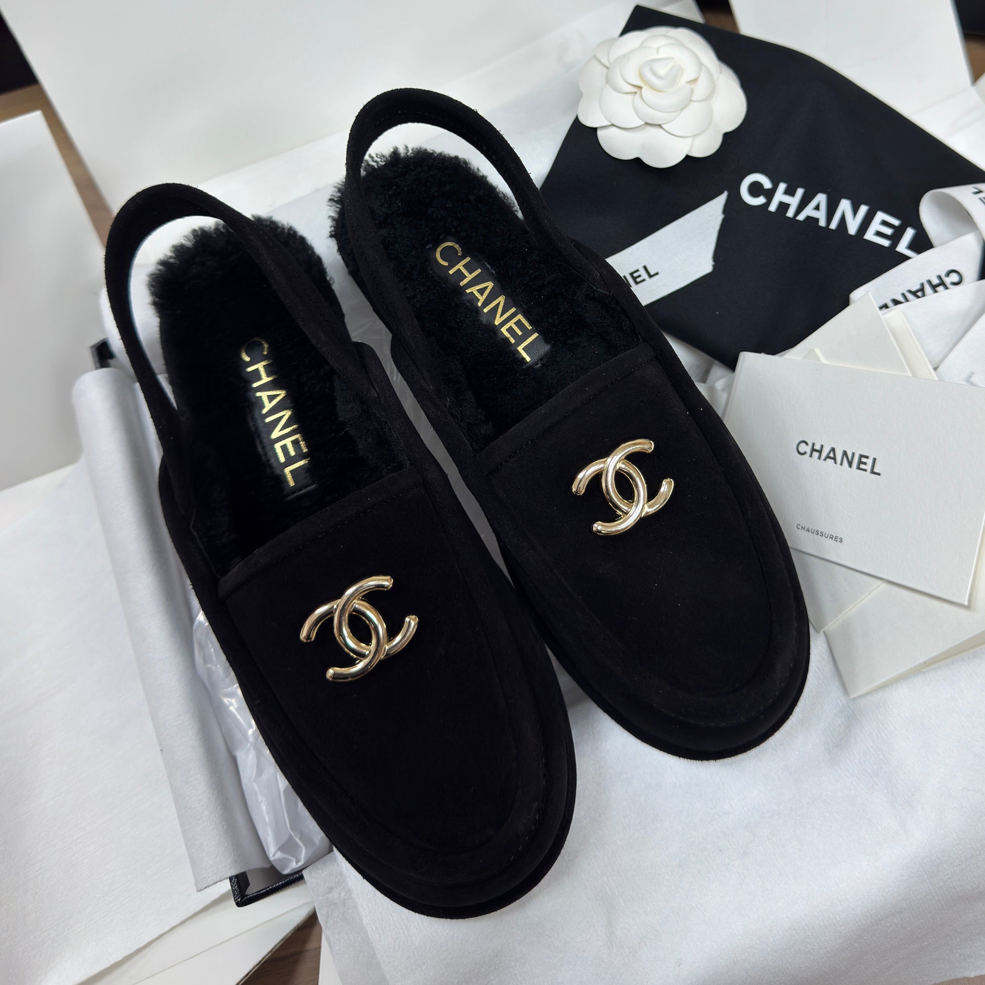Chanel Women's Fall/Winter Casual Round Toe Slip On Teddy Fur Logo Flat Mules Shoes #79254