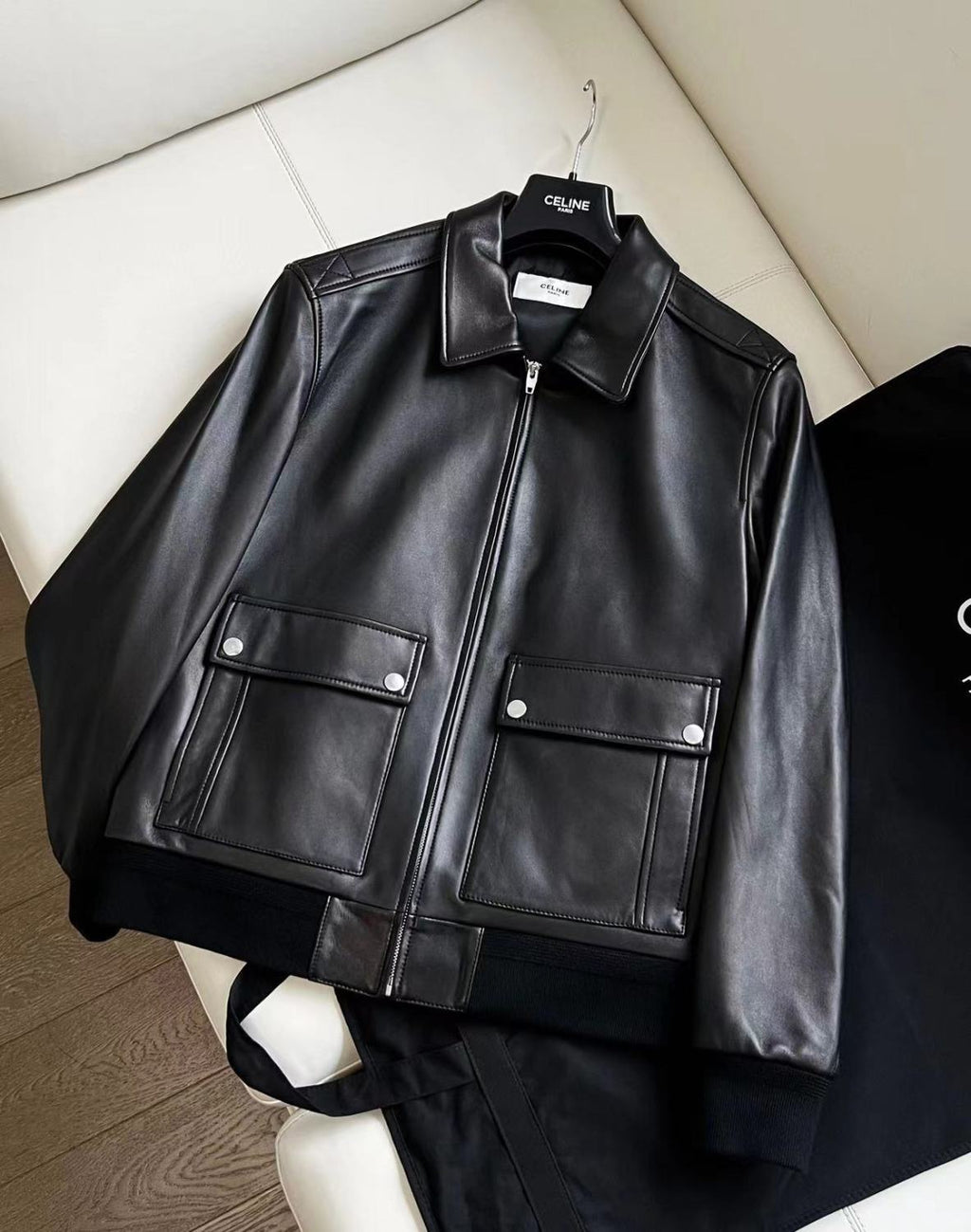 Celine Men's Fall And Winter Black Lambskin Lapel Zipper Long Sleeve Jacket #98456