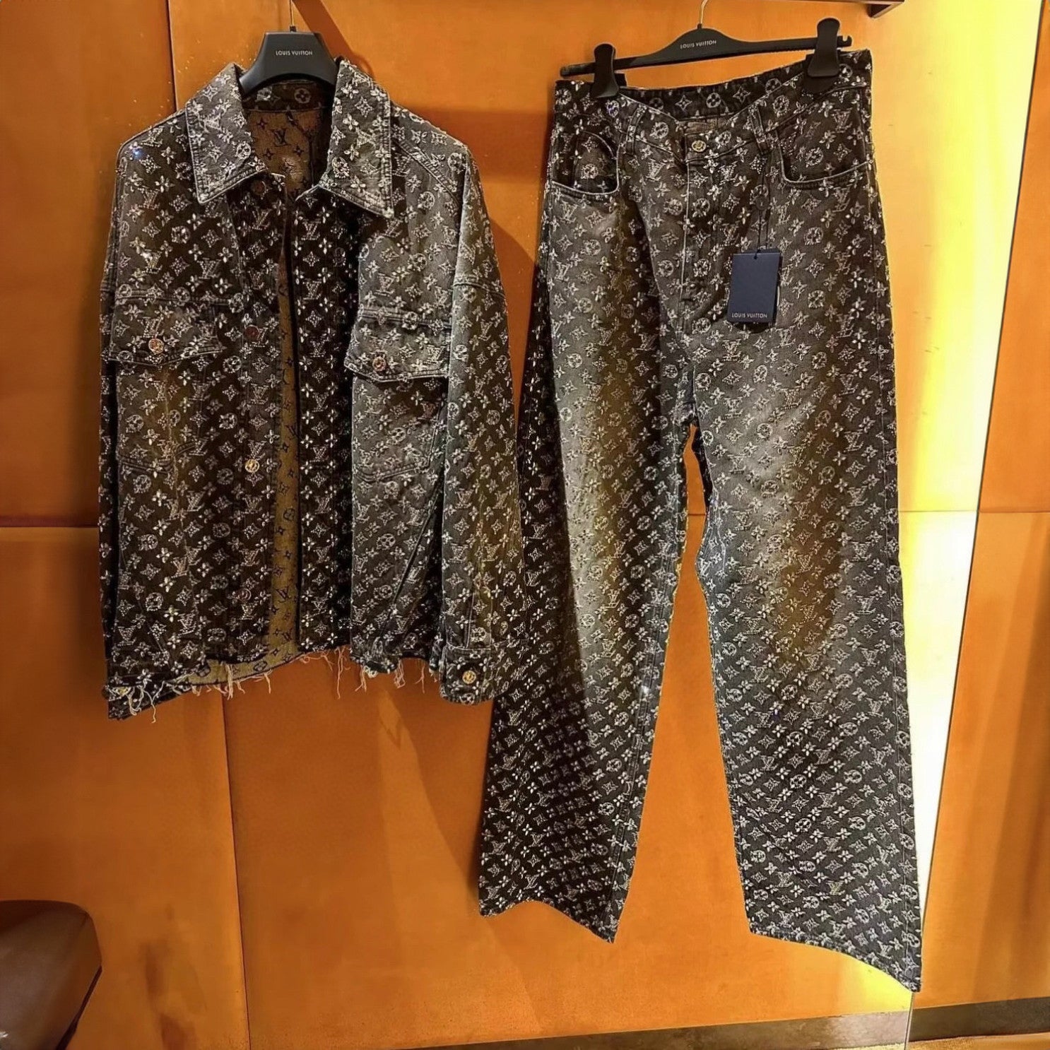Louis Vuitton Made To Order Embroidered Monogram Baggy Denim Overshirt Jacket Jeans Pants suit Set #96366