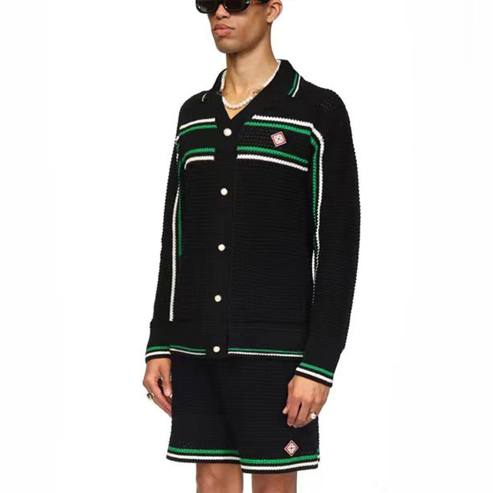 Casablanca Men's Spring And Summer Knitting Stripes Color Blocking Long-sleeved Knitted Sweater Single-breasted Cardigan Casual Knitted Shorts Set  #71324