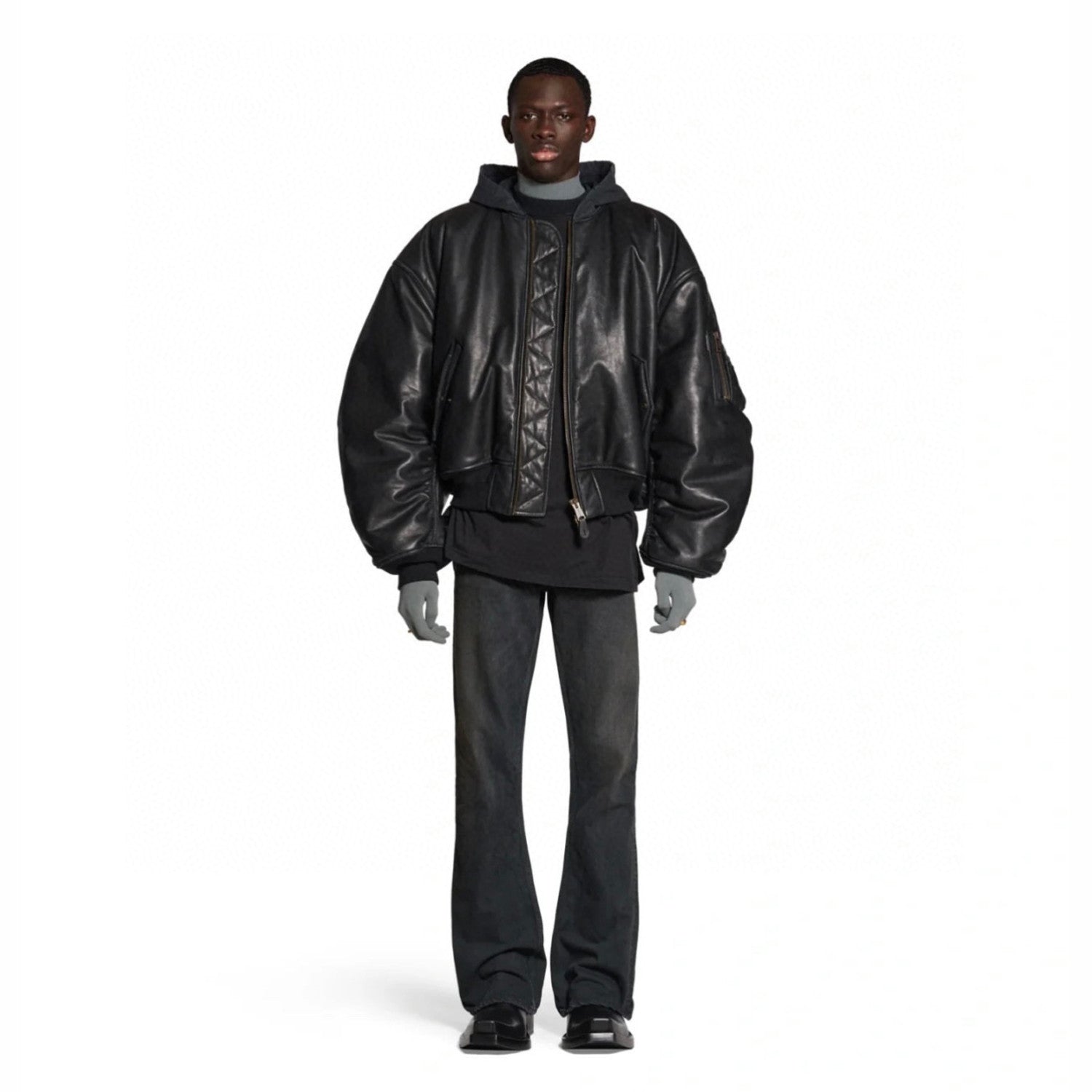 Balenciaga Leather Zip Hooded Jacket #96135