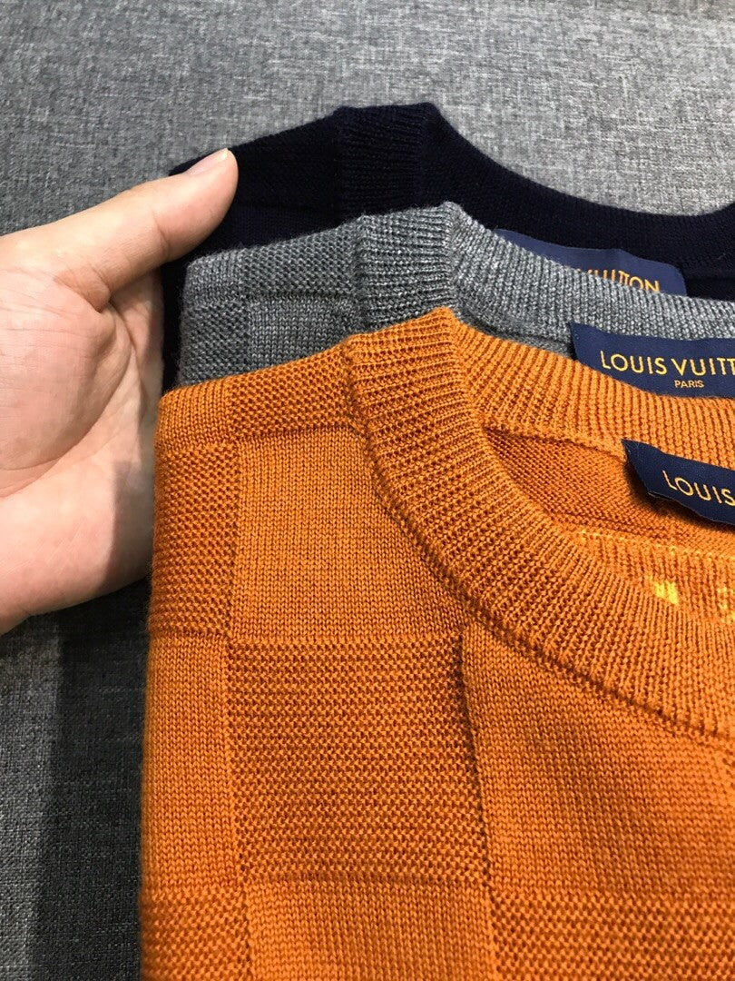 Louis Vuitton Men's Spring and Autumn Solid Color Check Printed Wool Round Neck Long Sleeve Knitted Sweater #74211
