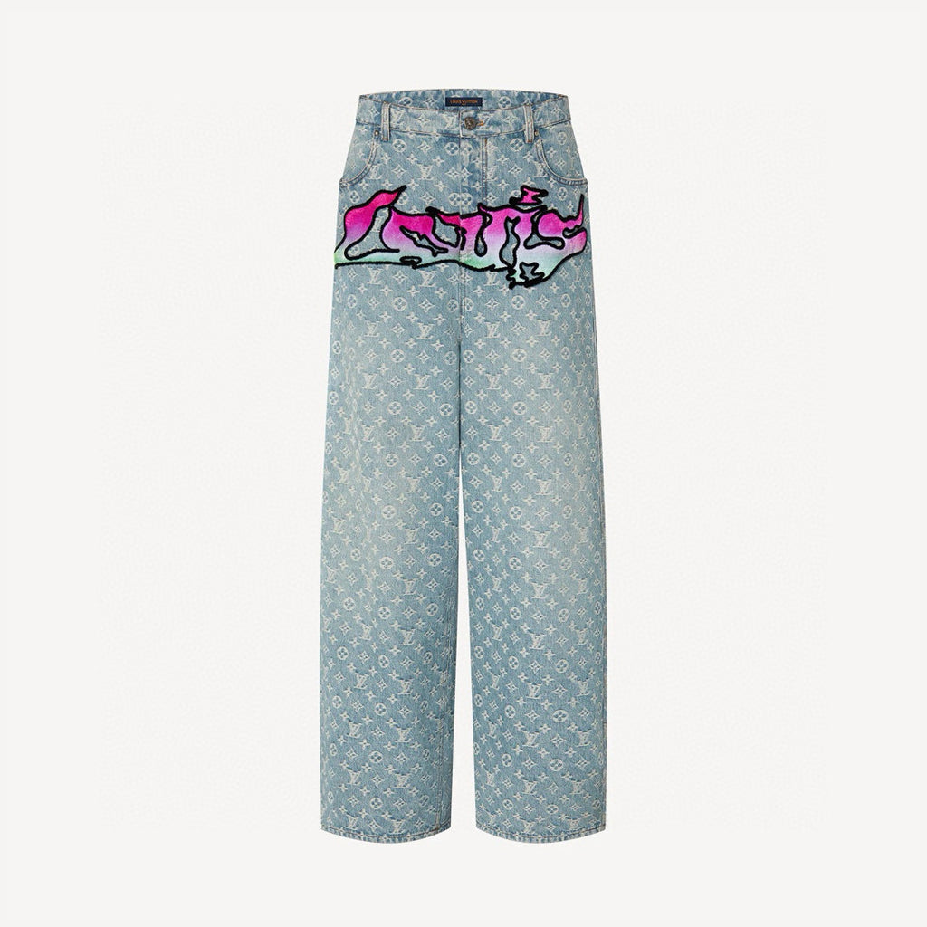 Louis Vuitton Men's Spring Autumn Solid Colour Graffiti Letter Print Casual Jeans Pants #76971