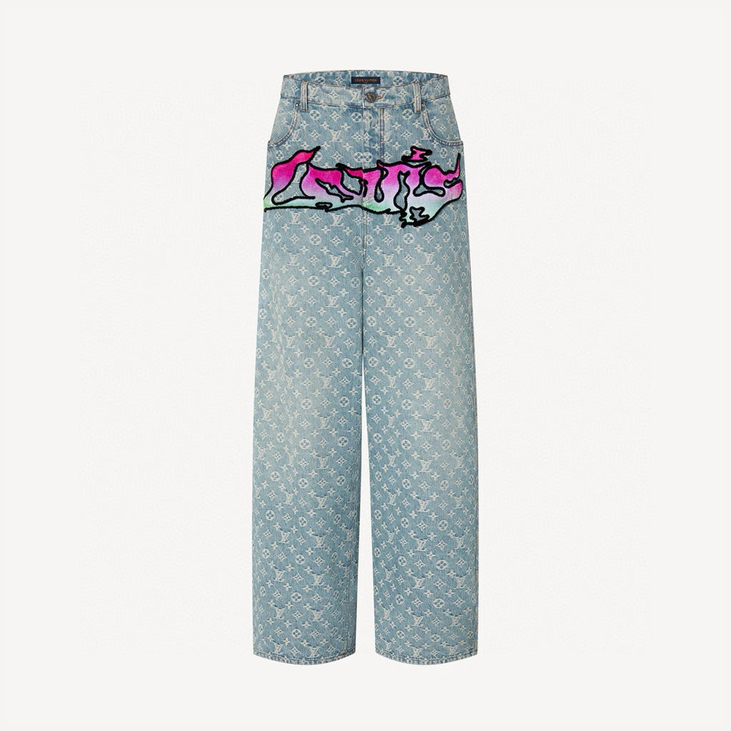 Louis Vuitton Men's Spring Autumn Solid Colour Graffiti Letter Print Casual Jeans Pants #76971