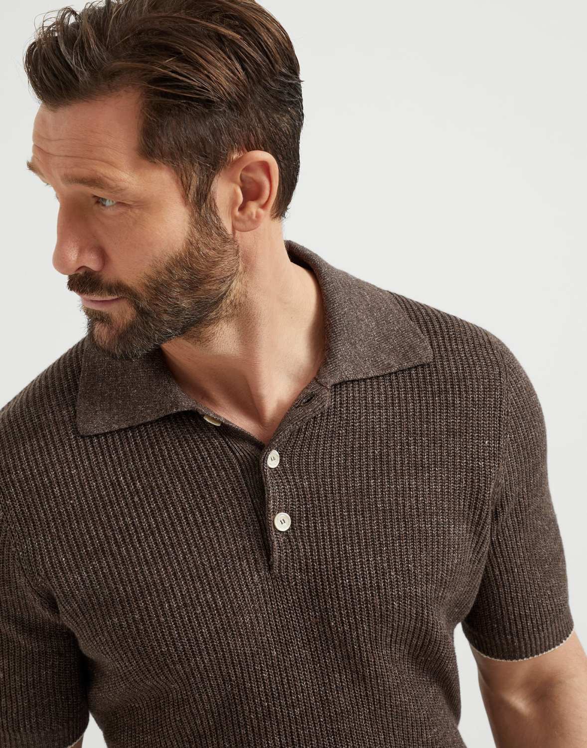 Brunello Cucinelli Men's Summer Linen Cotton Half English Rib Knit Solid Color Short Sleeve Polo Shirt Ngvp #1553