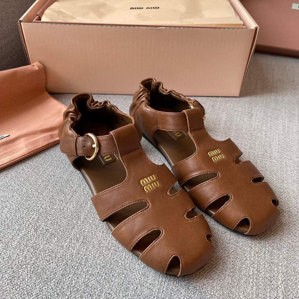 MiuMiu Briarwood Ruches Nappa Leather Fisherman Sandals #383957