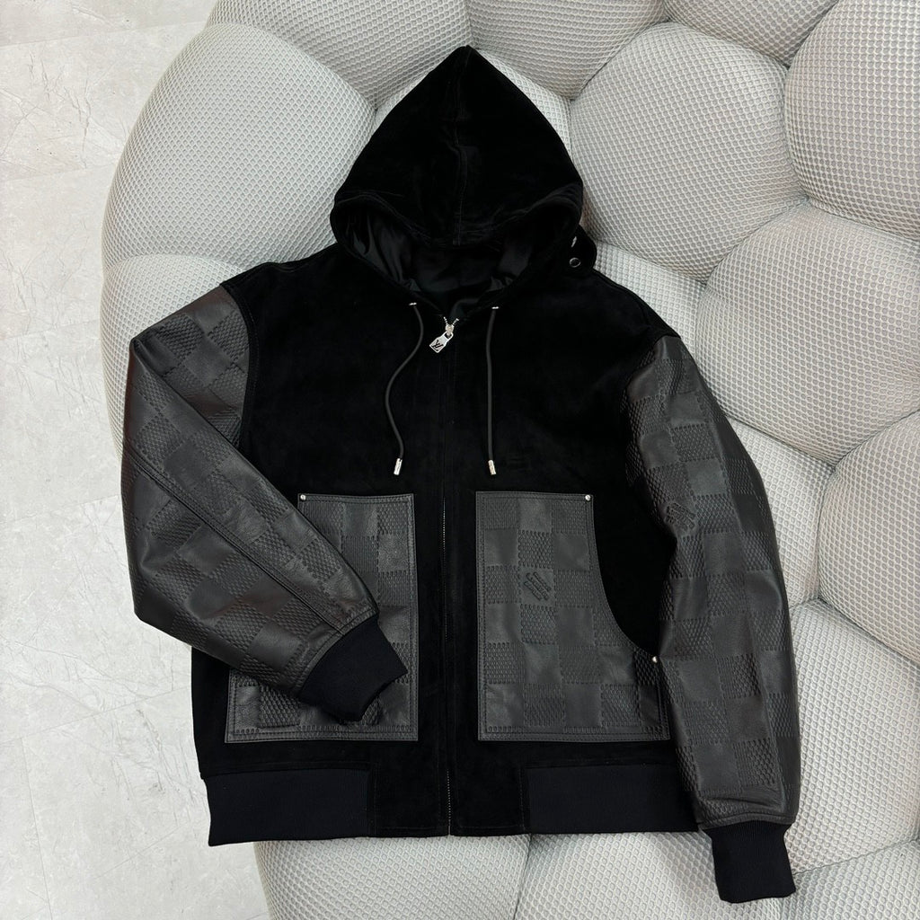 Louis Vuitton Men's Fall And Winter Black Suede Patchwork Hooded Drawstring Zipper Long Sleeve Jacket #73125