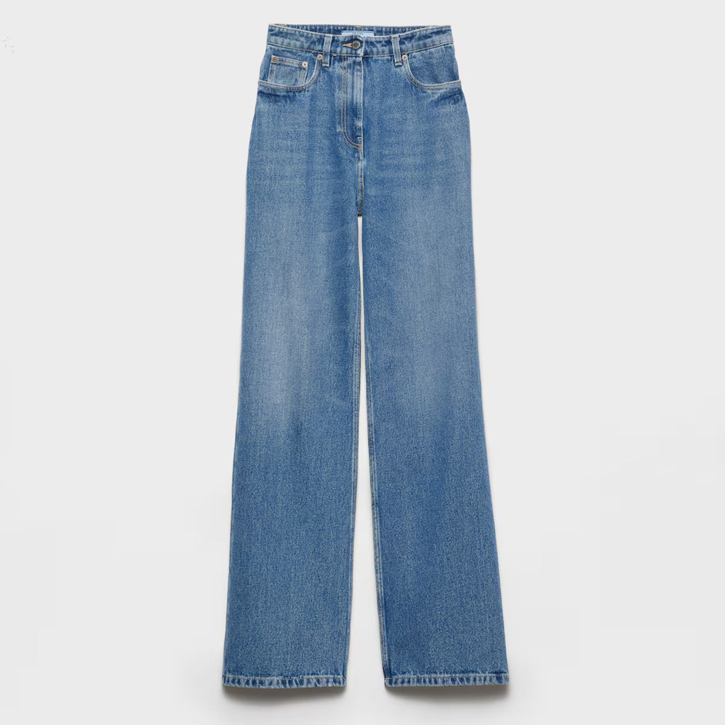 Prada Women's Spring And Fall Five-pocket Jeans Loose Retro Washed Fashion Elegant Triangle Metal Emblem Logo Straight Long Denim Pants  #81442