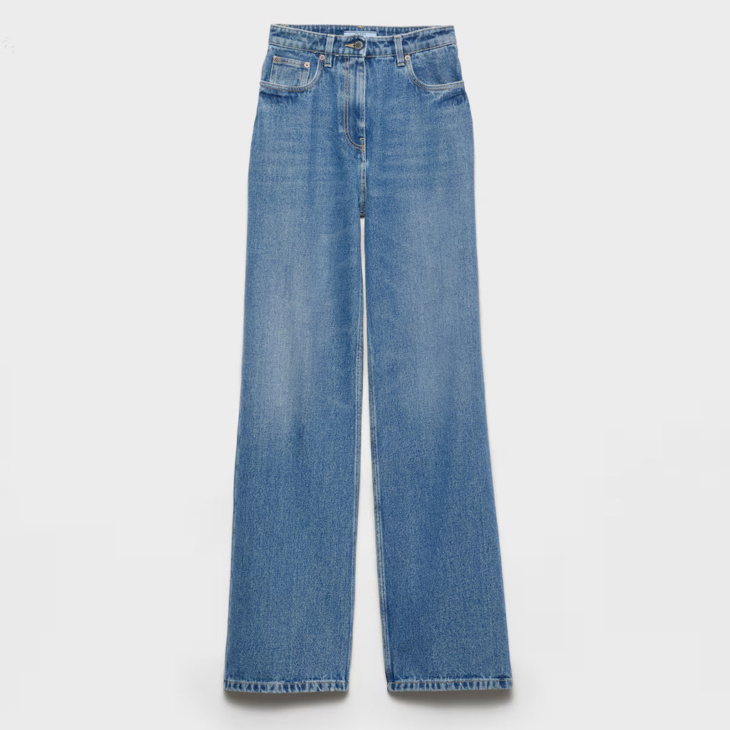 Prada Women's Spring And Fall Five-pocket Jeans Loose Retro Washed Fashion Elegant Triangle Metal Emblem Logo Straight Long Denim Pants  #81442