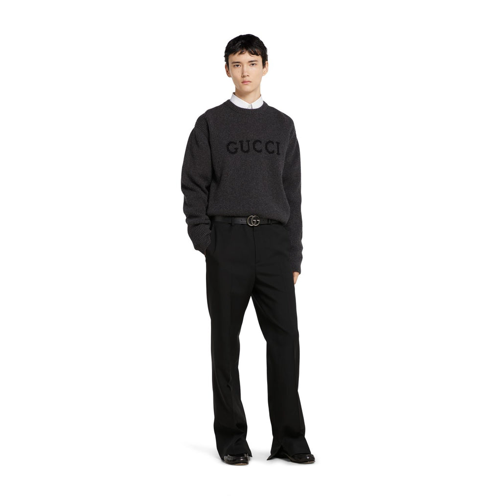 Gucci Wool Cashmere Rib Knit Sweater in Dark Grey and Black #332663