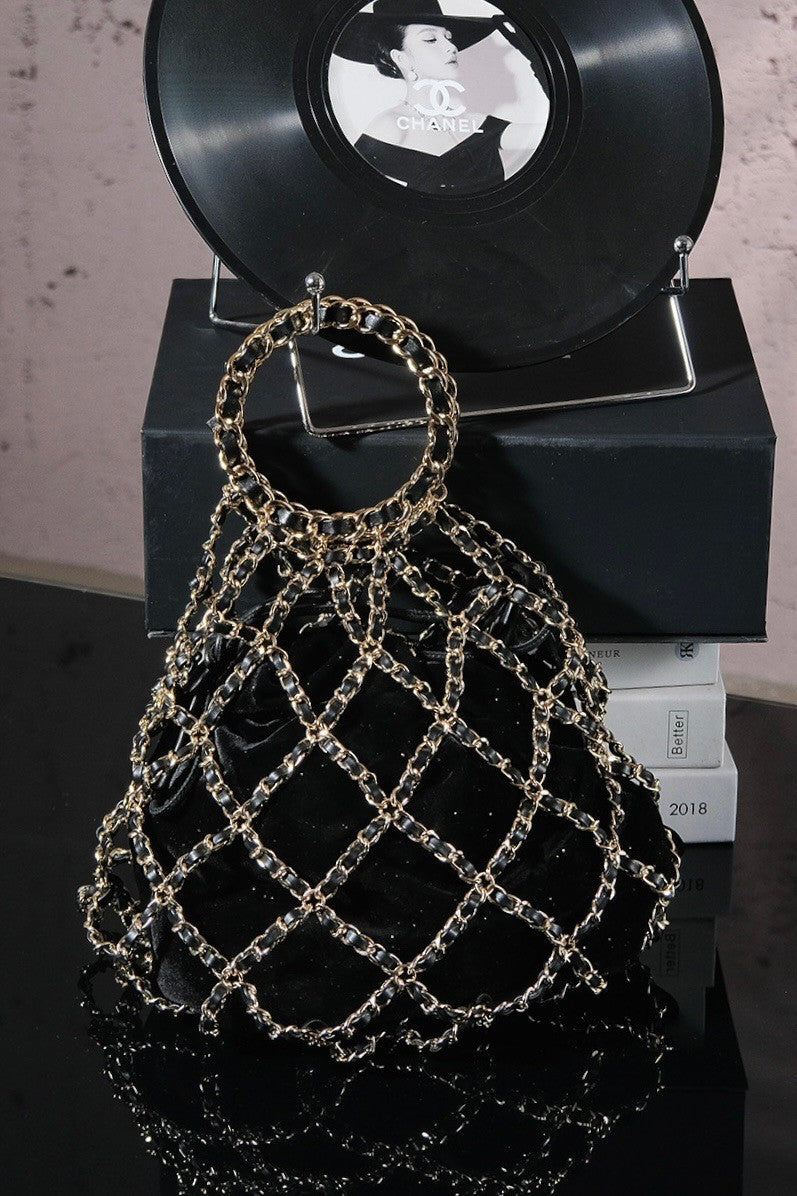 Chanel Mesh Clutch Bag With Gold Chain Handbag Black And Gold Accessories Fashionable And Exquisite Evening Bags #82237A