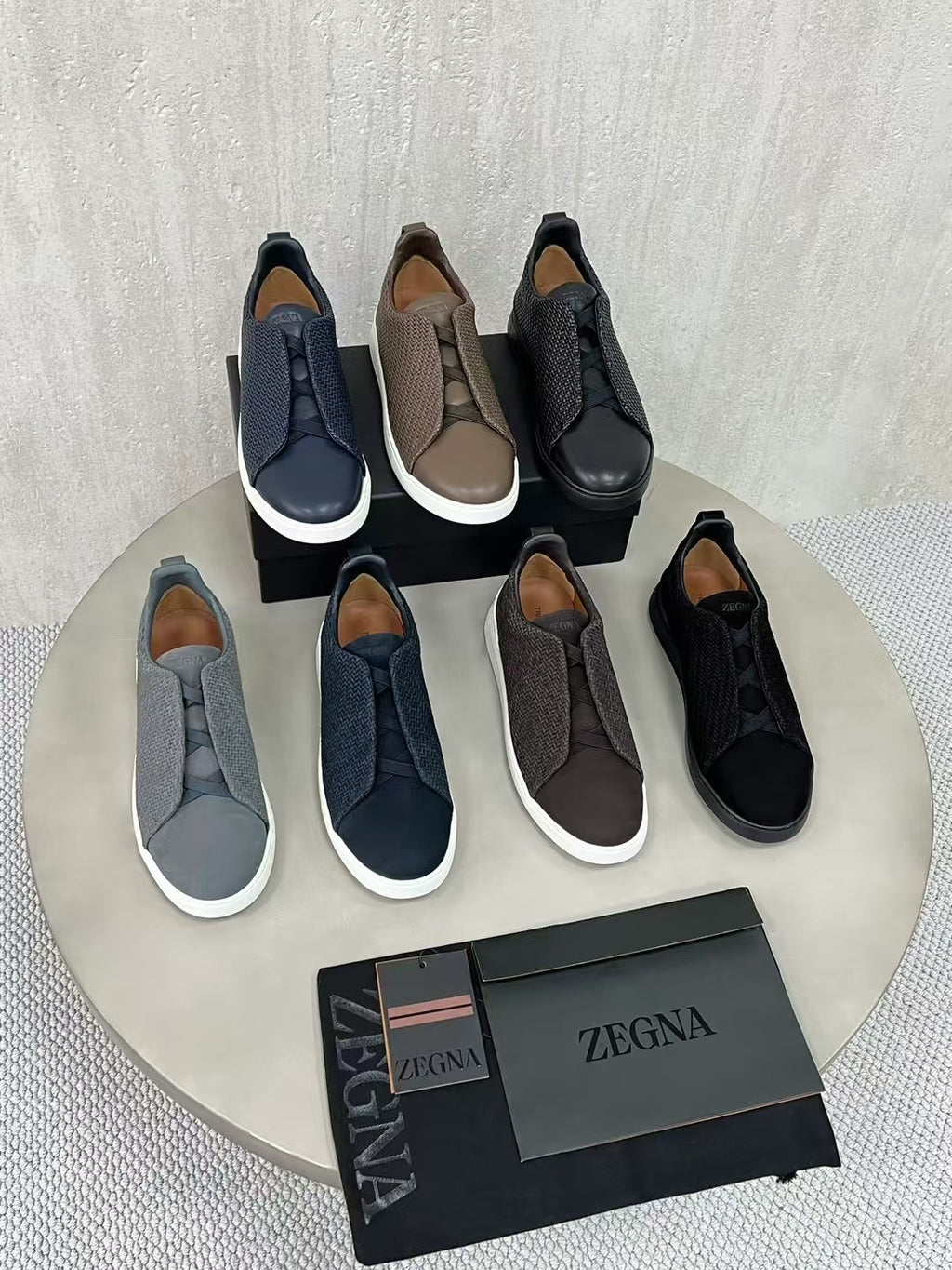 Ermenegildo Zegna Stitch Men's Solid Color Round Toe Slip-On Woven Leather Casual Skate Shoes #77926