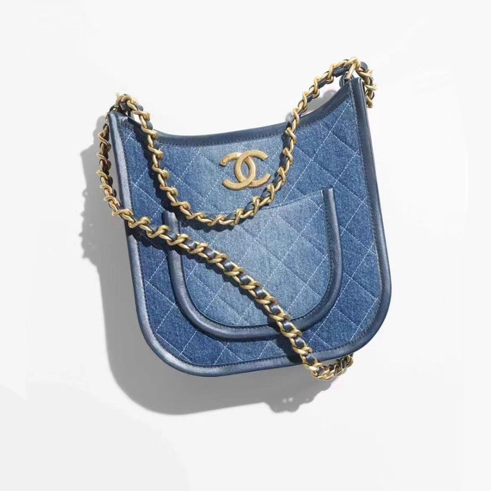 Chanel Denim Hobo Bags Stylish Metal Chain Accents Patchwork Denim Logo Crossbody Elegant And Fashionable Vacation Bag #195813