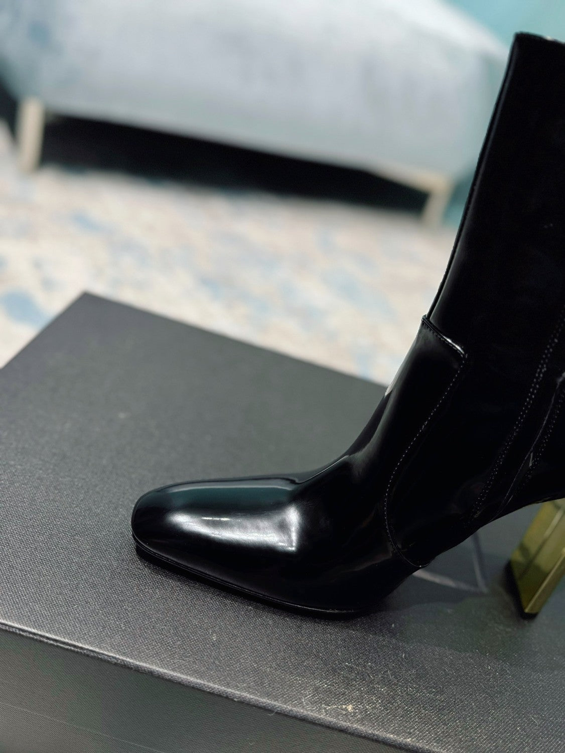 Saint Laurent Women's Autumn/Winter Leather Square Toe High Boots Solid Color Zipper Retro Chunky Heel High Heels Heel Height 11cm #81491