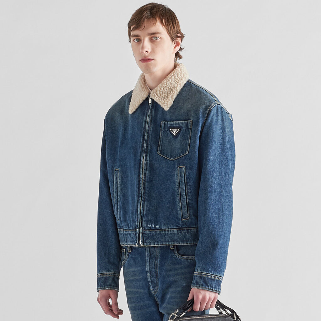 Prada Men's Autumn and Winter Solid Color Lambswool Lapel Long Sleeve Zipper Denim Jacket #74495