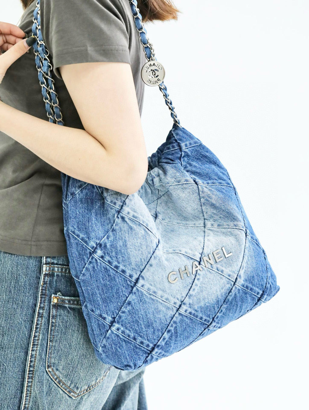 Chanel Women's Solid Colour Chain Shoulder Strap Denim Shoulder Tote Shopper Bags Bag #76858
