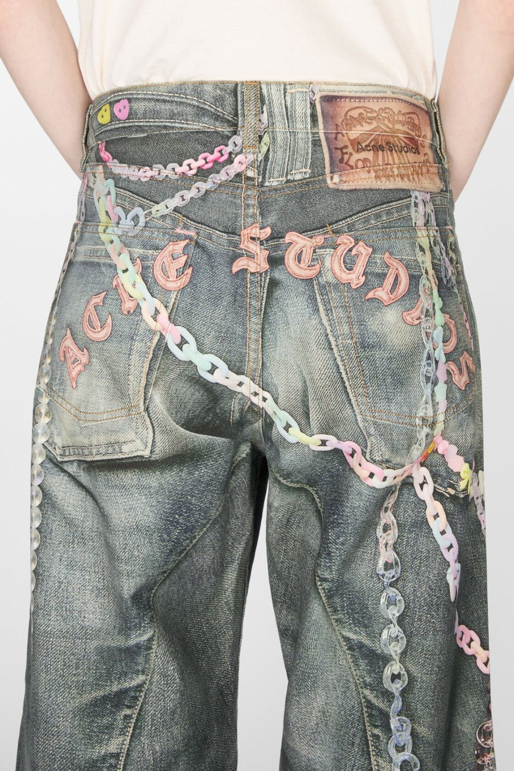 Acne Studios Men's Women's Four Seasons Chain Printed Loose Low Waist Solid Color Baggy Fit  Leg Denim Pants Ngvp #1386