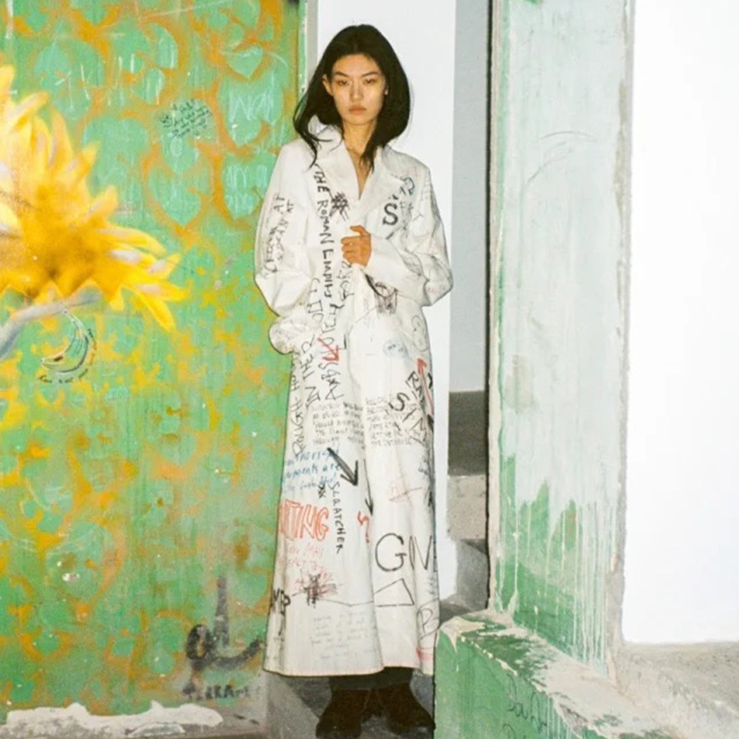 Raf Simons Men's Spring And Autumn Hand-painted Graffiti Long Trench Coat Jacket High Street Trend Hip-hop Personality Trench Coat Ngvp #1659