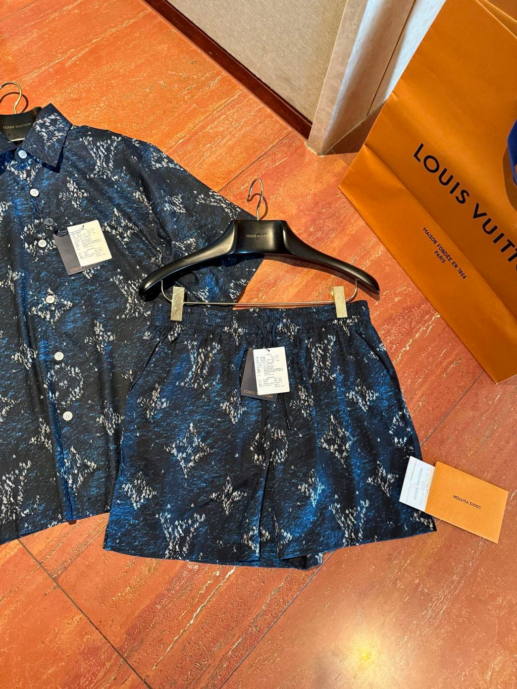Louis Vuitton Men's Summer Logo Print Single Breasted Silk Short Sleeved Shirt And Casual Drawstring Shorts Suit Set #76997