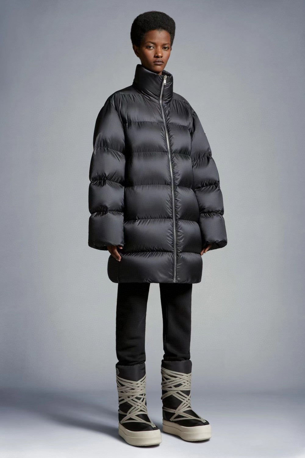 Moncler x Rick Owens Men's And Women's Winter Black Glossy Zipper Long Sleeve Puffer Down Jacket #73786