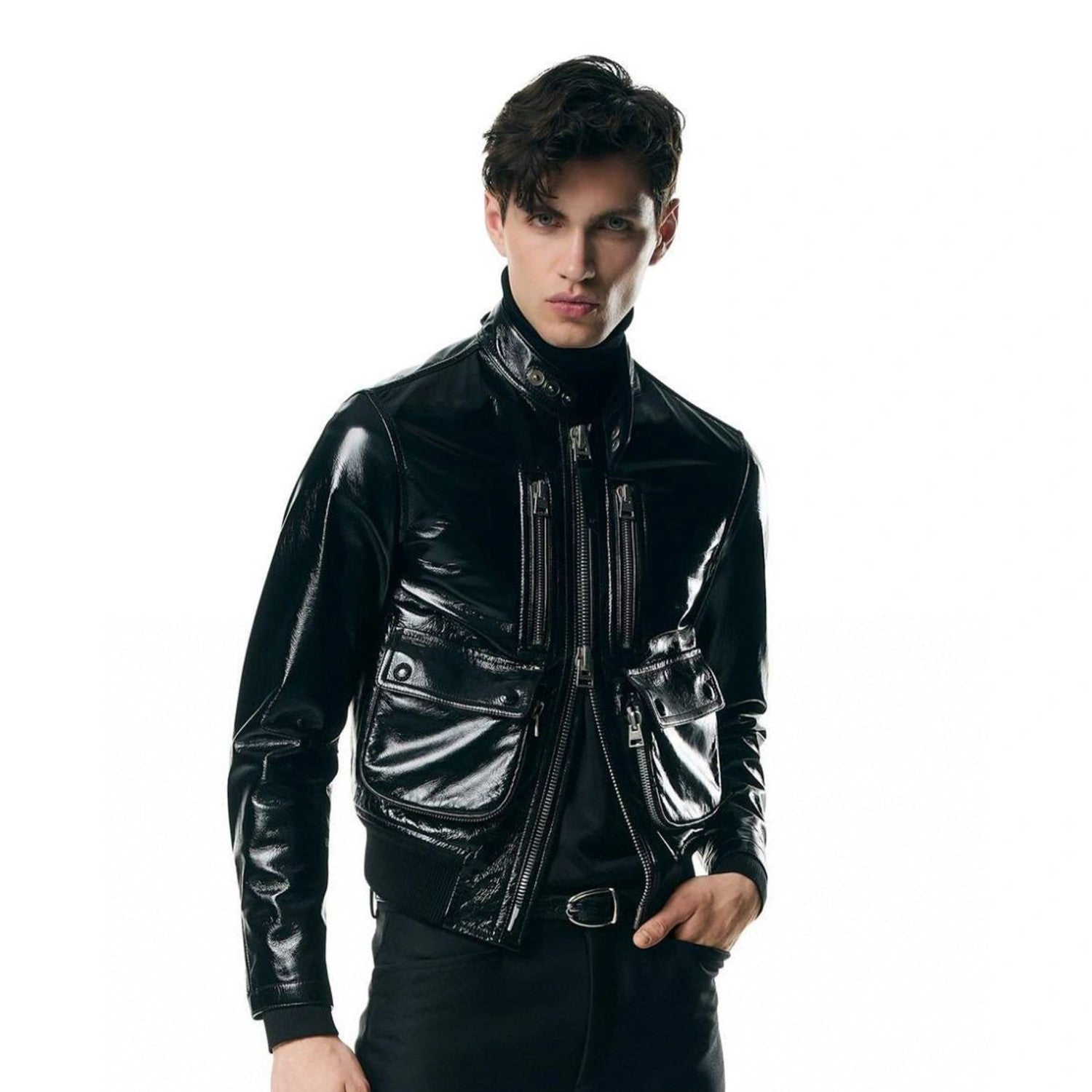 Men's Winter Solid Color Long-sleeved Fitted Zipper Leather Jacket Ngvp #6925
