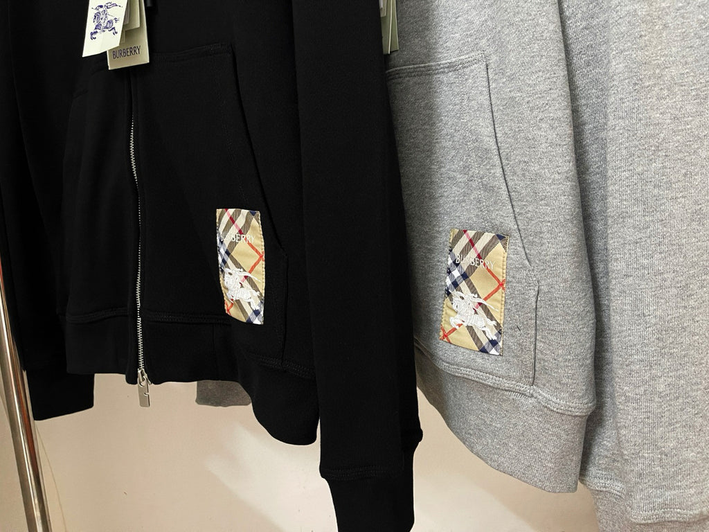 Burberry Men's Spring and Autumn Plaid Label Cotton Zipper Hooded Long Sleeve Sweatshirt Jacket Casual Elastic Waist Pants Set Suit #75593