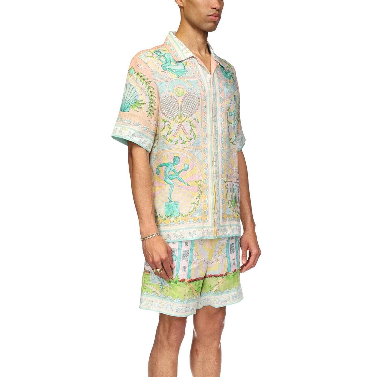 Casablanca Men's Women's Spring And Autumn Vase Print Lapel Single-Breasted Short-Sleeved Linen Shirt Casual Elastic Waist Loose Shorts Ngvp #9386