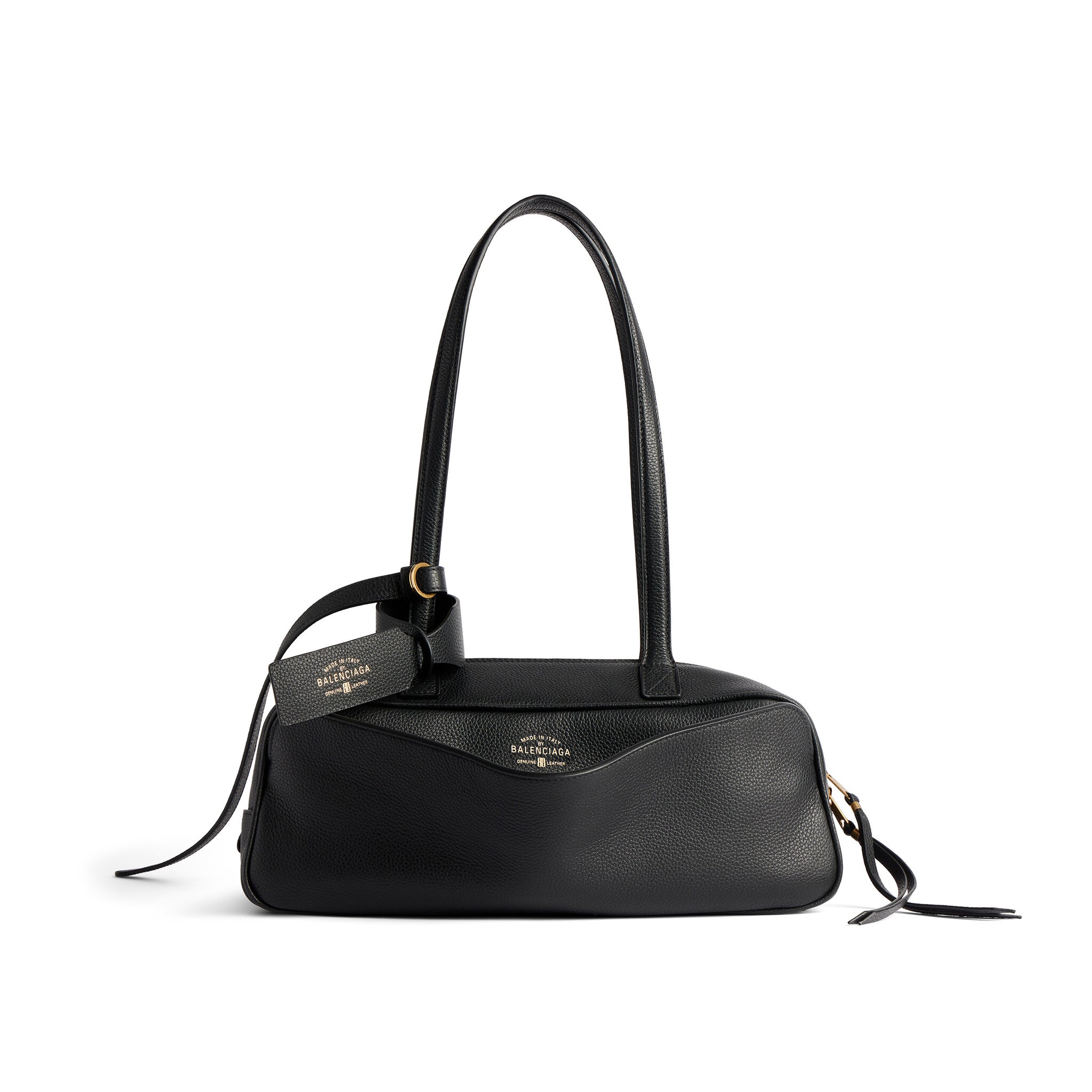Balenciaga Men's Carrie Black Cowhide Small Bowling Bag with Aged Gold Metallic Accessories Handbag Bags #76257