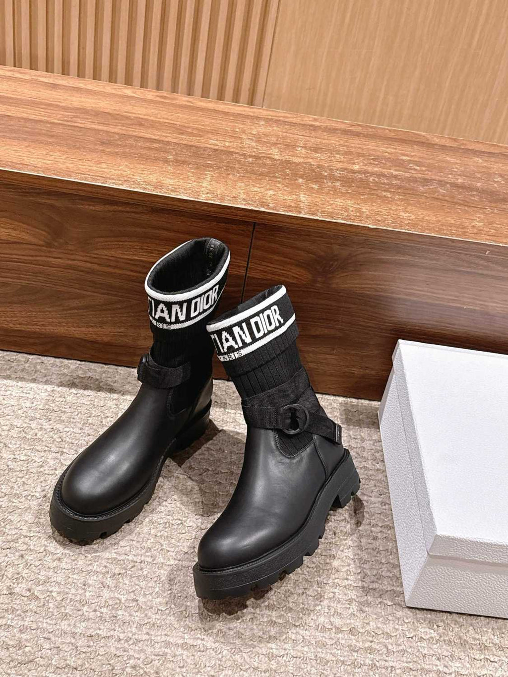 Dior Women's D-Major Ankle Boots Black Calf Leather With Black And White Technical Jersey #332813